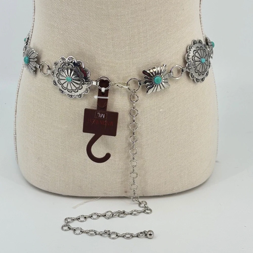 Austin West Concho Chain Belt Women XL Silver Turquoise Southwestern Adjustable